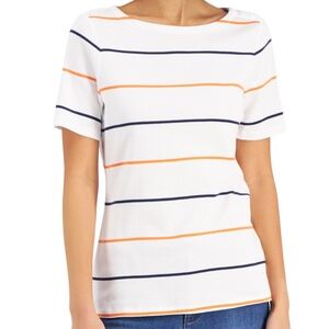 Charter Club Womens Petite Small Pullover Knit Top White Blue Orange Stripes SS